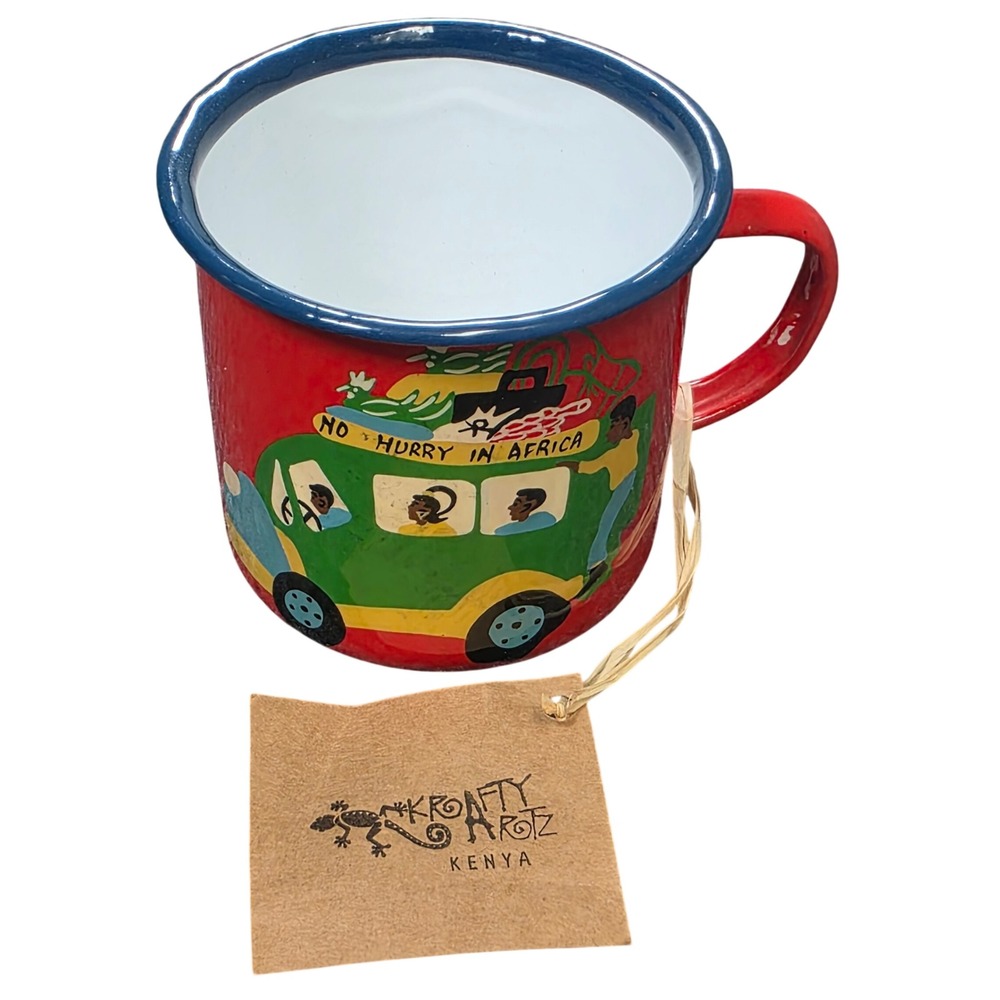 Krafty Artz Kenya Enamel Mug No Hurry in Africa Hand Painted Red Blue Cup NWT